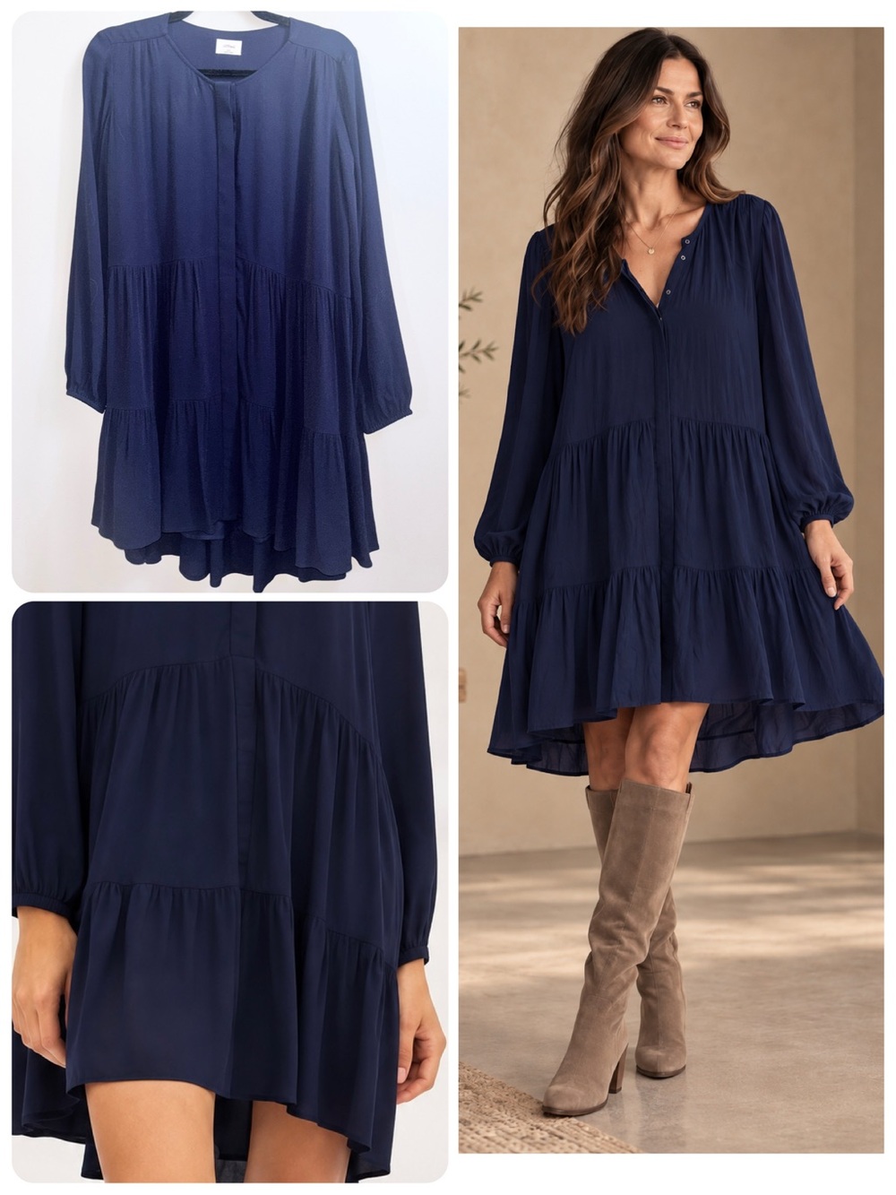 Aritzia Wilfred Barossa Dress Navy Blue Tiered Babydoll Long Sleeve Size 2XS XXS